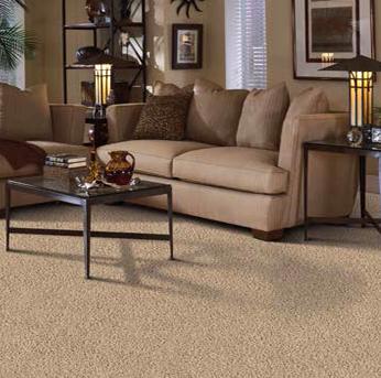 Living room scene with tan Alexander Smith carpet