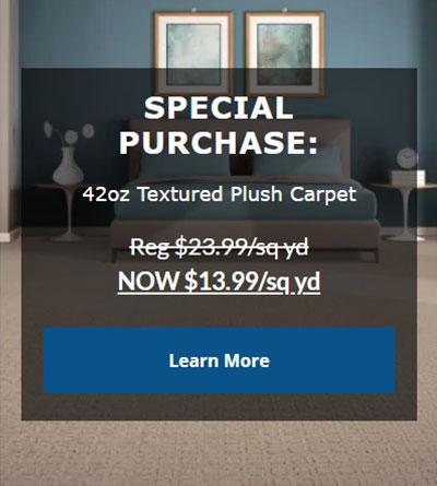 42 oz. Textured Plush Carpet  Reg $23.99/sq.yd.  NOW $13.99/sq.yd. Click to learn more.