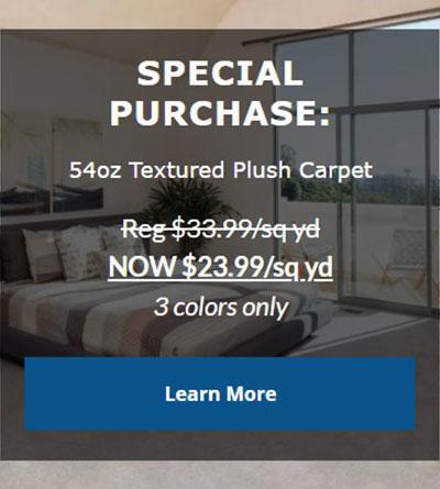 54 oz. Textured Plush Carpet  Reg $33.99/sq.yd.  NOW $23.99/sq.yd.  3 Colors Only, Click to Learn More.