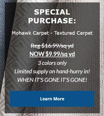 Mohawk Carpet - Textured Carpet  Reg $16.99/sq.yd.  NOW $9.99/sq.yd.  3 Colors Only  Limited supply on hand-hurry in!  WHEN IT'S GONE IT'S GONE!  Click to Learn More.